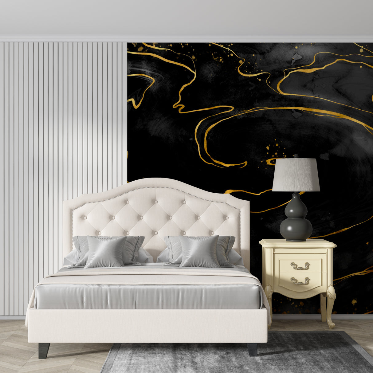 Home office space with elegant black and gold marble wallpaper