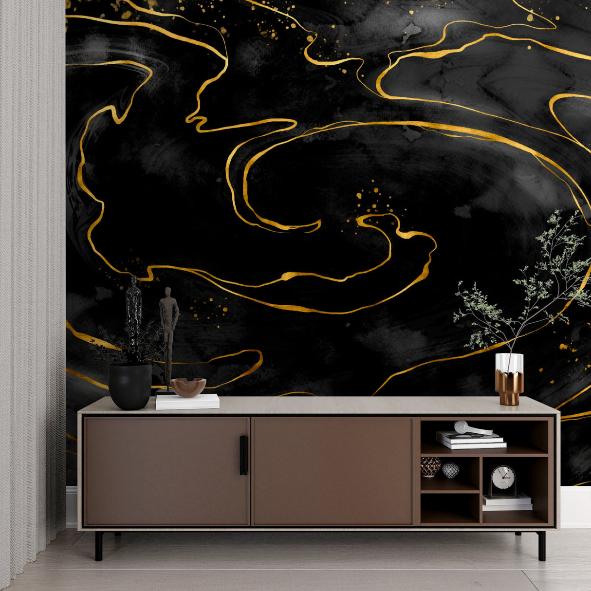 Modern hallway showcasing black marble wallpaper with gold veining