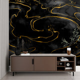 Modern hallway showcasing black marble wallpaper with gold veining