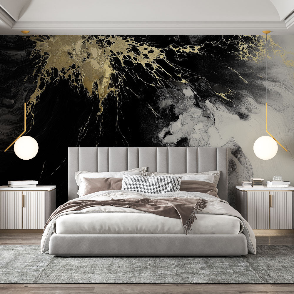 Black and gold marble wallpaper creating a stunning focal point in a modern living room with dramatic lighting