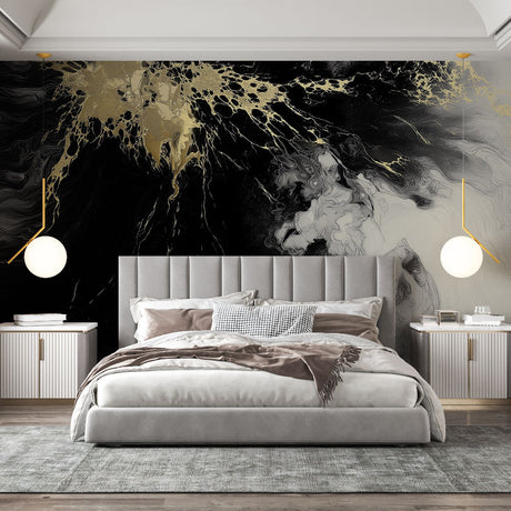 Black and gold marble wallpaper creating a stunning focal point in a modern living room with dramatic lighting