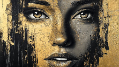 Black and gold portrait art wallpaper design file showing intricate metallic details and rich textures