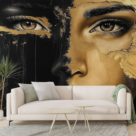 Black and gold abstract portrait mural wallpaper creating a stunning focal point in a modern living room with high ceilings