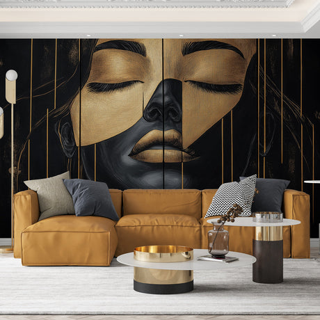 Black and gold abstract portrait wallpaper creating drama in a modern living room with high ceilings