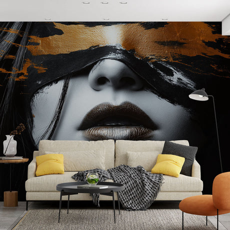 Modern Abstract Portrait Mural Wallpaper in black and gold creating a bold statement in a minimal living room setting