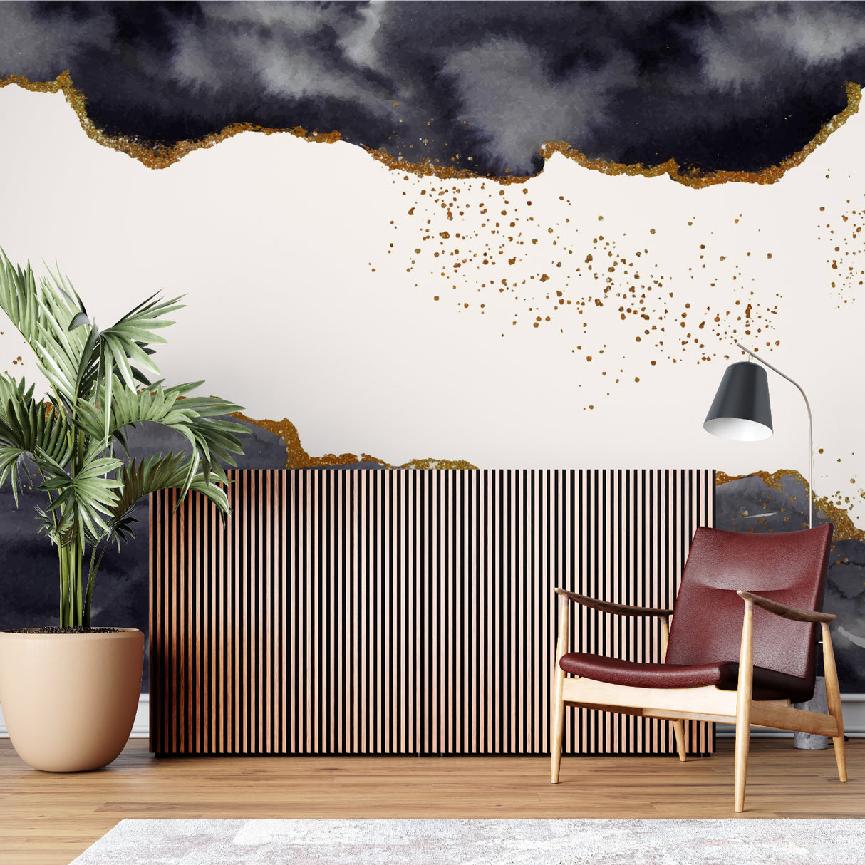 Storm pattern wallpaper making statement in dining room with pendant lights
