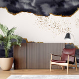 Storm pattern wallpaper making statement in dining room with pendant lights