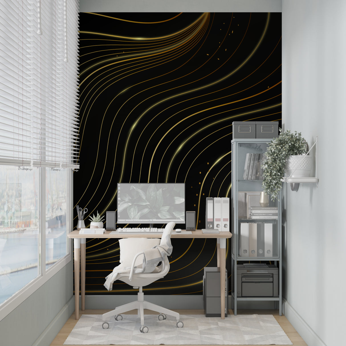 Gold geometric wallpaper making statement in luxury master bedroom