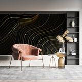 Modern office space featuring black and gold wave pattern wall