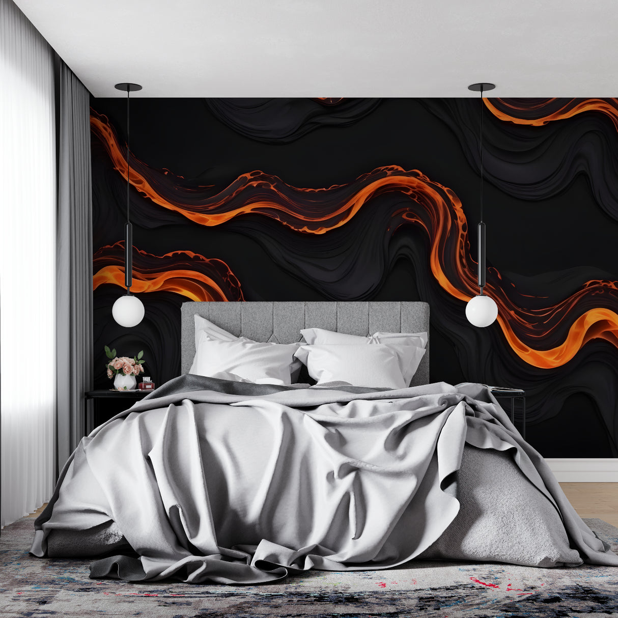 Abstract orange wave wallpaper creating drama in modern living room setting