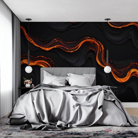 Abstract orange wave wallpaper creating drama in modern living room setting