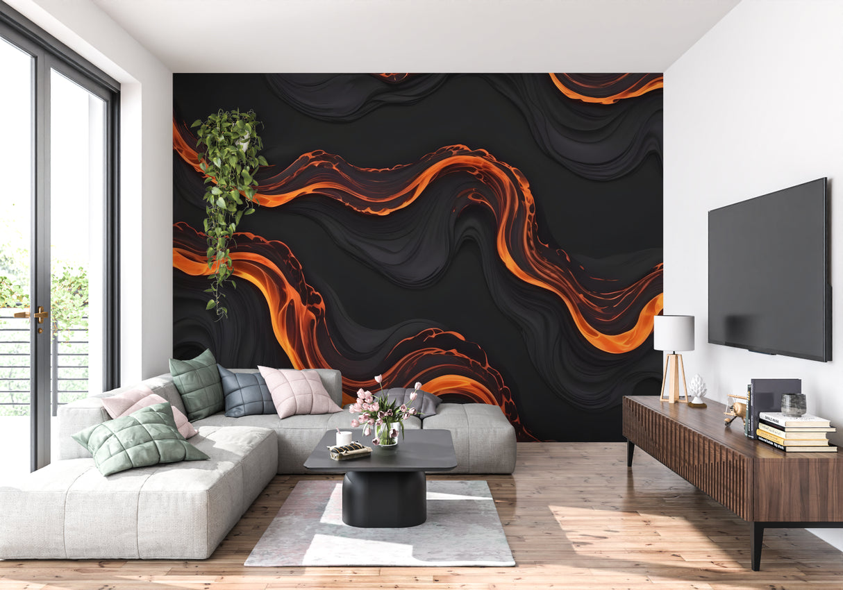 Black and orange abstract wall mural showcased in minimalist bedroom
