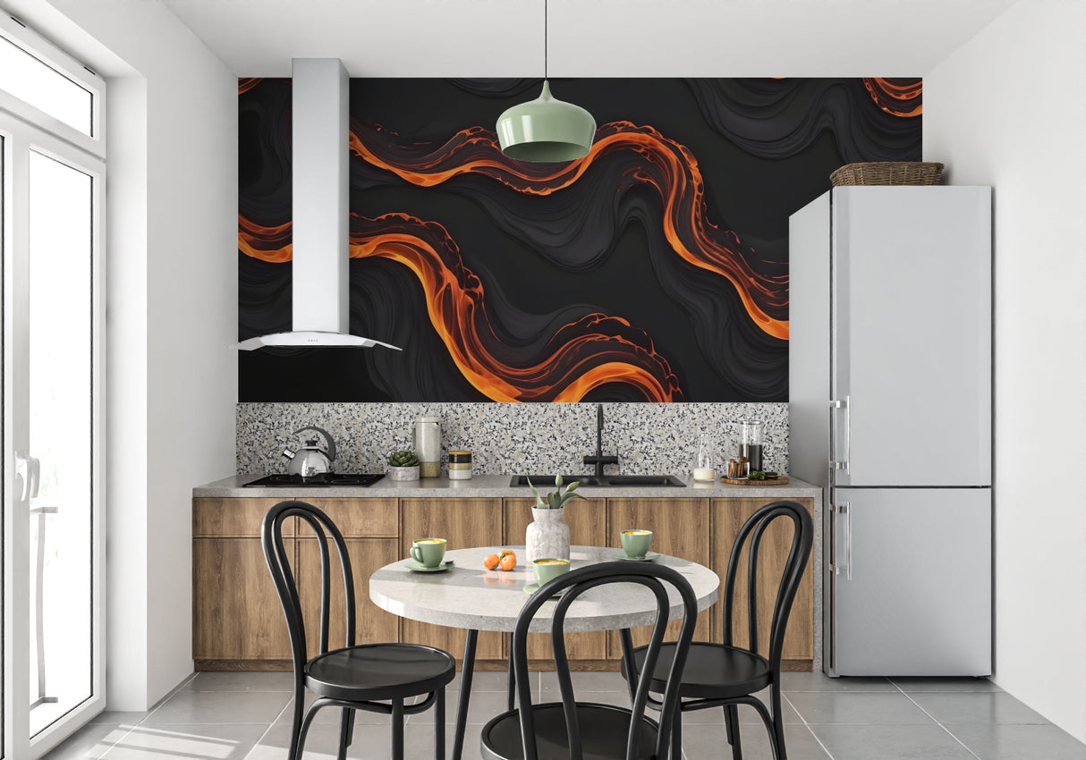Modern office space featuring fluid orange wave wallpaper design