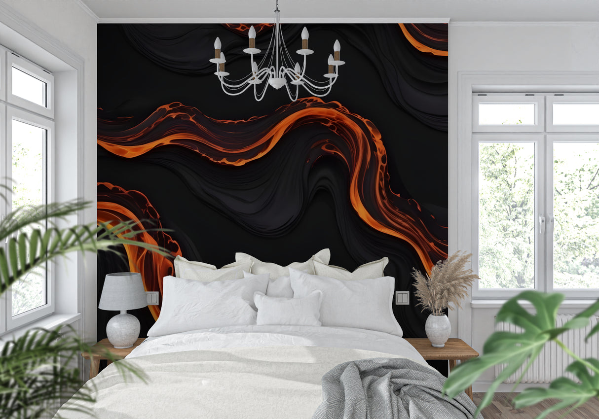 Contemporary dining room with abstract orange wave wall mural