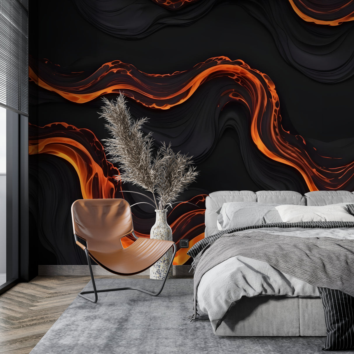 Creative studio space highlighting black and orange abstract wallpaper