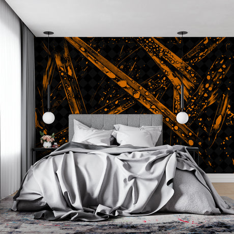 Modern Abstract Geometric Splash Wallpaper bringing bold energy to a minimalist living room
