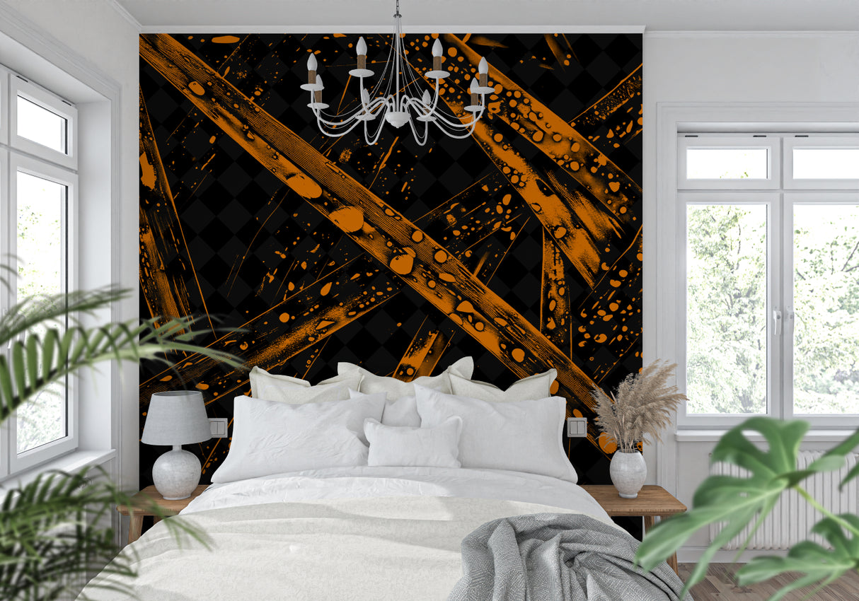 Black and Orange Geometric Wallpaper making a statement in a contemporary office space