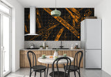 Geometric Orange and Black Wallpaper transforming a studio apartment wall