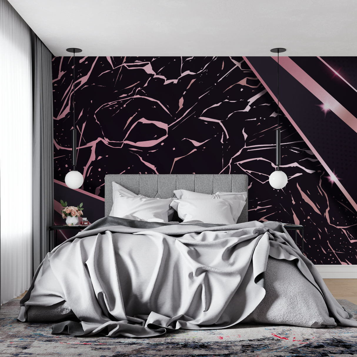 Abstract marble wall mural in pink and black adorning a stylish dining room wall