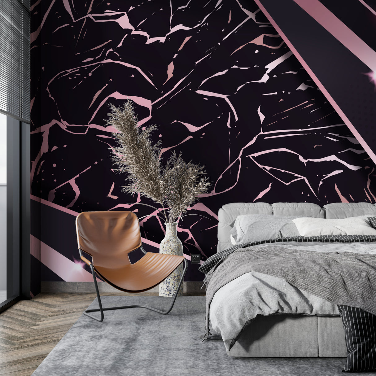 Abstract black and pink wallpaper transforming a modern hallway space