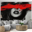 Abstract portrait wallpaper creating dramatic impact in modern living room with black and red art design