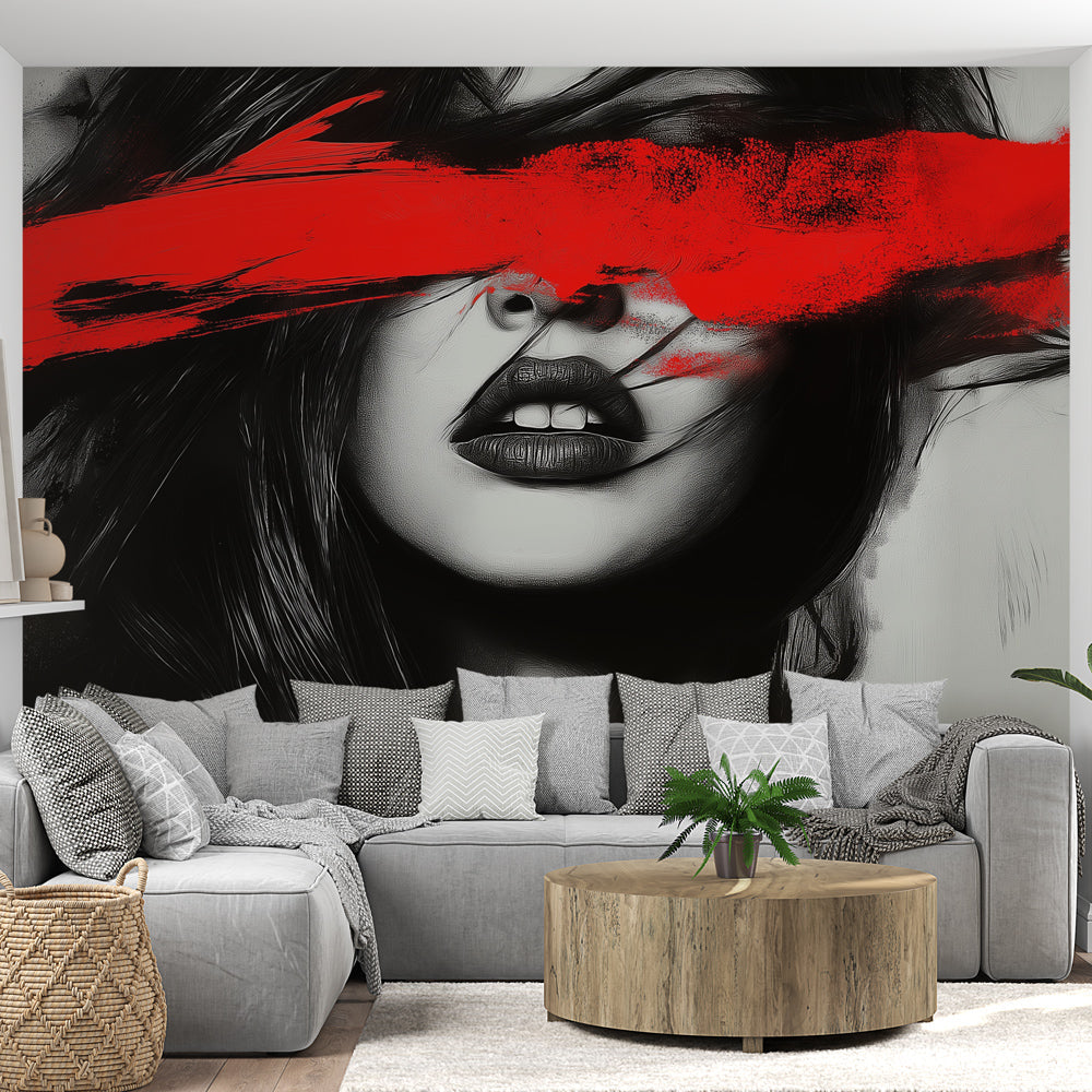 Abstract portrait wallpaper creating dramatic impact in modern living room with black and red art design