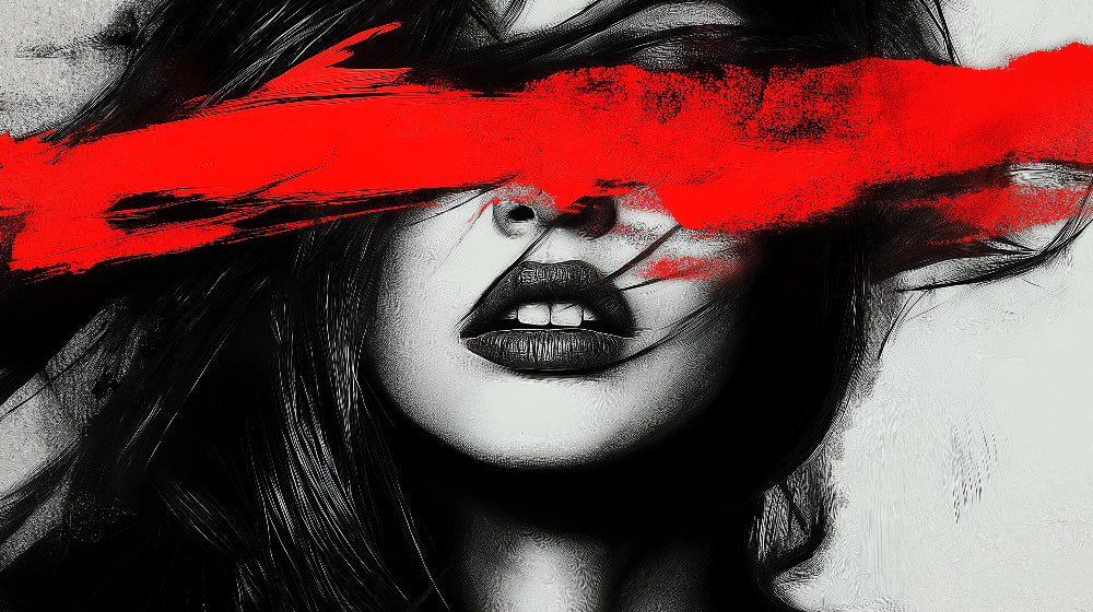 Abstract portrait wall mural design file showing detailed black and red artistic pattern