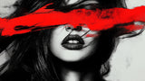 Abstract portrait wall mural design file showing detailed black and red artistic pattern