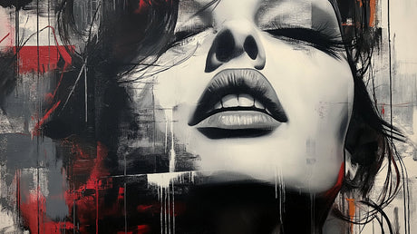 Abstract portrait art design file showing detailed black and red paint strokes and contrasts