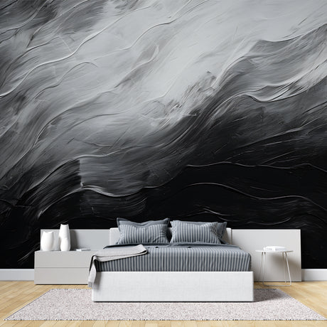 Black and white abstract wallpaper creating drama in a modern living room setting