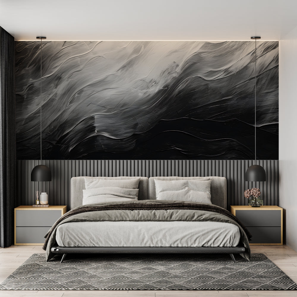 Abstract brushstroke mural making a statement in a minimalist bedroom