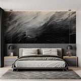 Abstract brushstroke mural making a statement in a minimalist bedroom