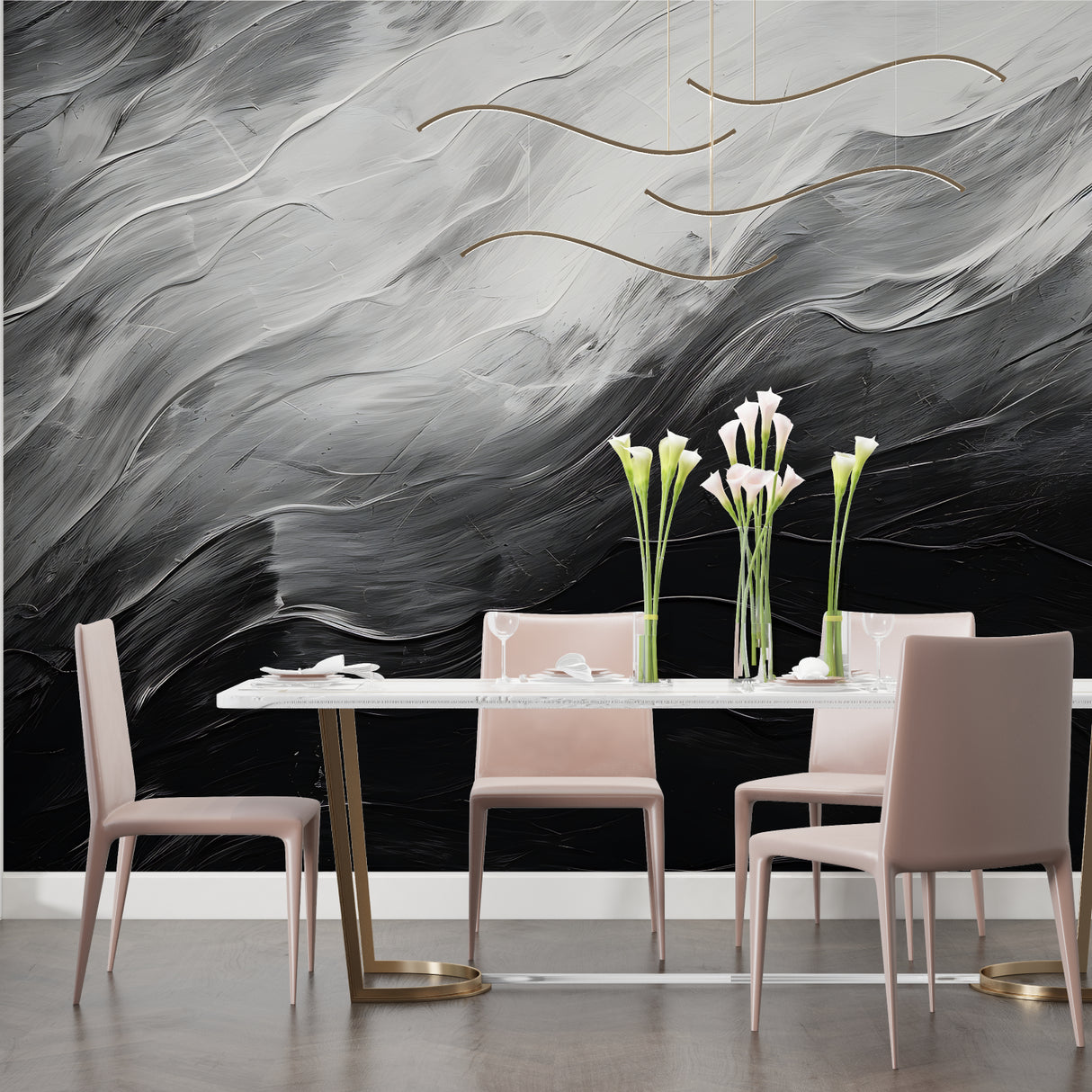 Contemporary office space featuring black and white abstract wall mural