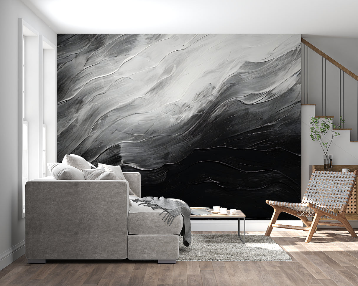 Dining room with dramatic black and white brushstroke wallpaper