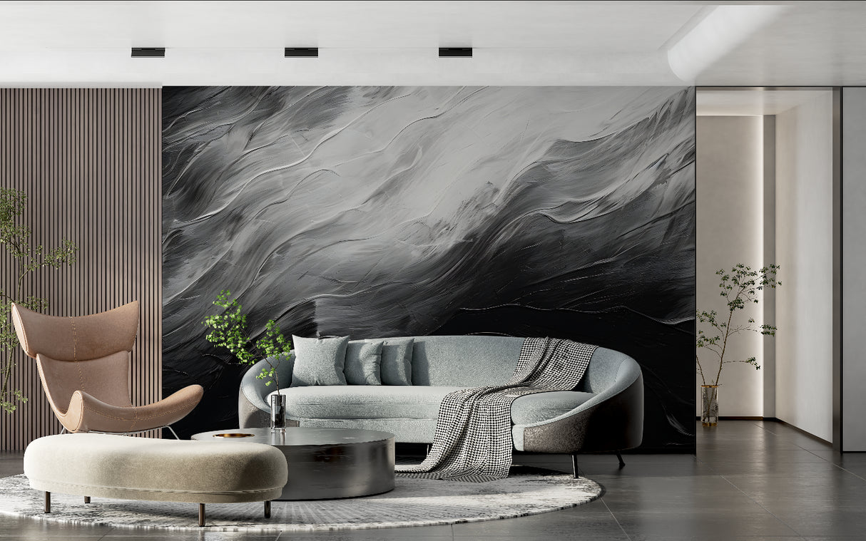 Hotel lobby showcasing abstract black and white mural wallpaper