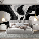 Modern Abstract Wallpaper with fluid black lines creating drama in a minimalist living room setting