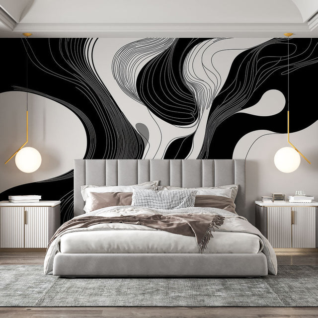 Modern Abstract Wallpaper with fluid black lines creating drama in a minimalist living room setting