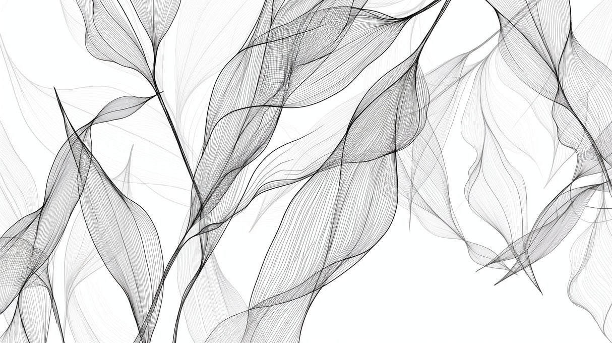 Black and white leaf line art wallpaper creating a striking focal point in a minimal Scandinavian living room setting