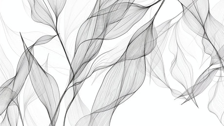 Black and white leaf line art wallpaper creating a striking focal point in a minimal Scandinavian living room setting
