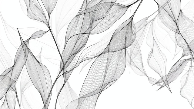 Black and white leaf line art wallpaper creating a striking focal point in a minimal Scandinavian living room setting