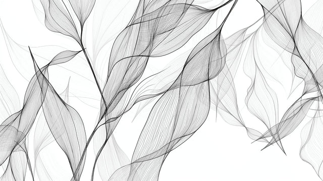 Black and white leaf line art wallpaper creating a modern feel in a bright living room with minimal furniture