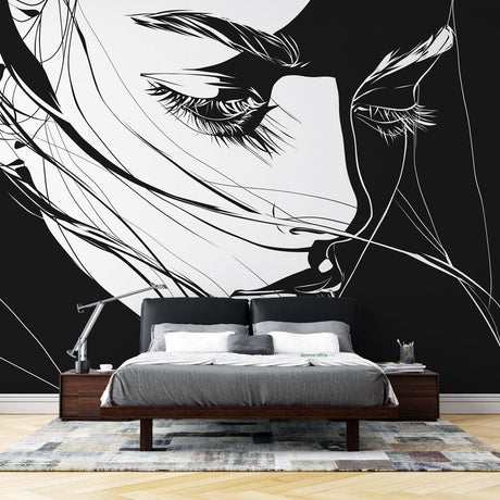 Black and white line art portrait mural wallpaper styled in a modern living room with minimal furniture