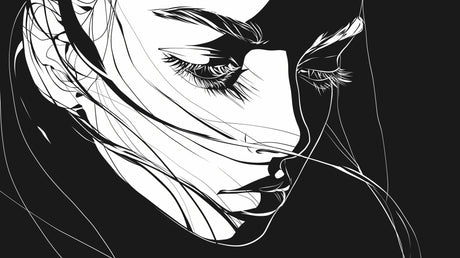 Black and white line art portrait wallpaper design file showing intricate details and pattern