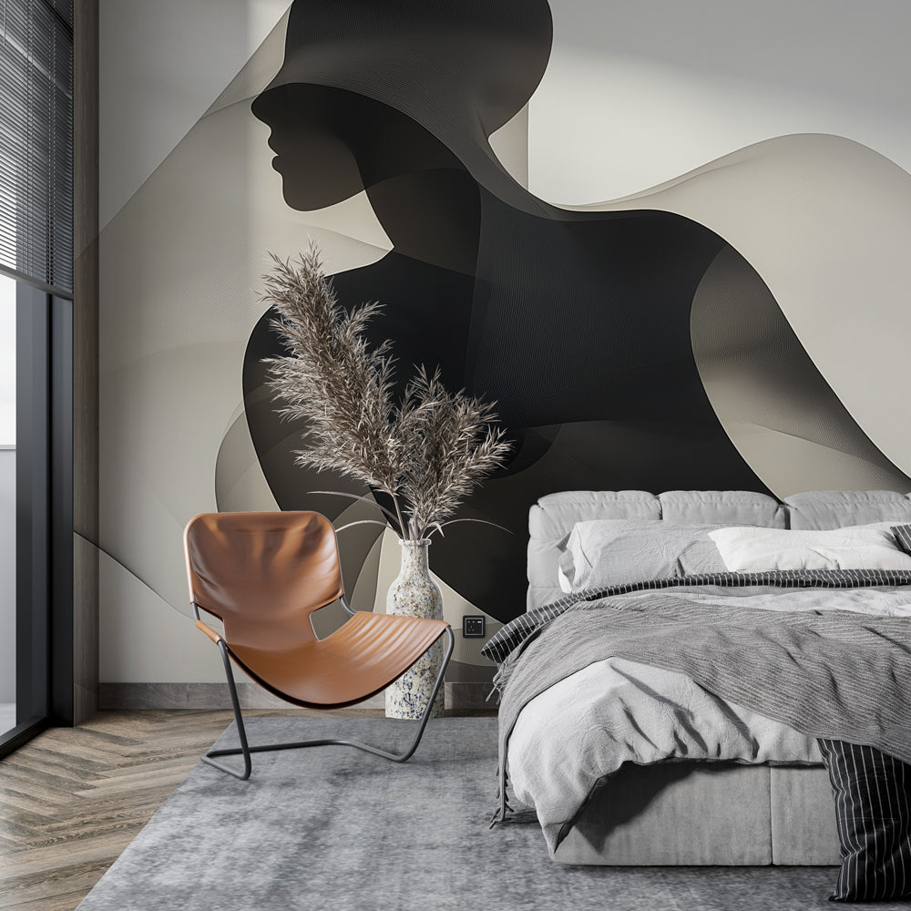 Abstract black and white silhouette wallpaper creating dramatic impact in a modern living room with minimalist furniture