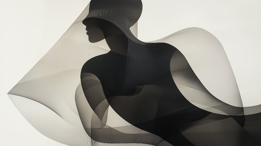 Black and white abstract silhouette wallpaper design file showing flowing curves and artistic details