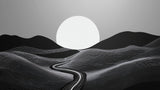 Black and white sunset landscape design file showing fluid line patterns and moon silhouette