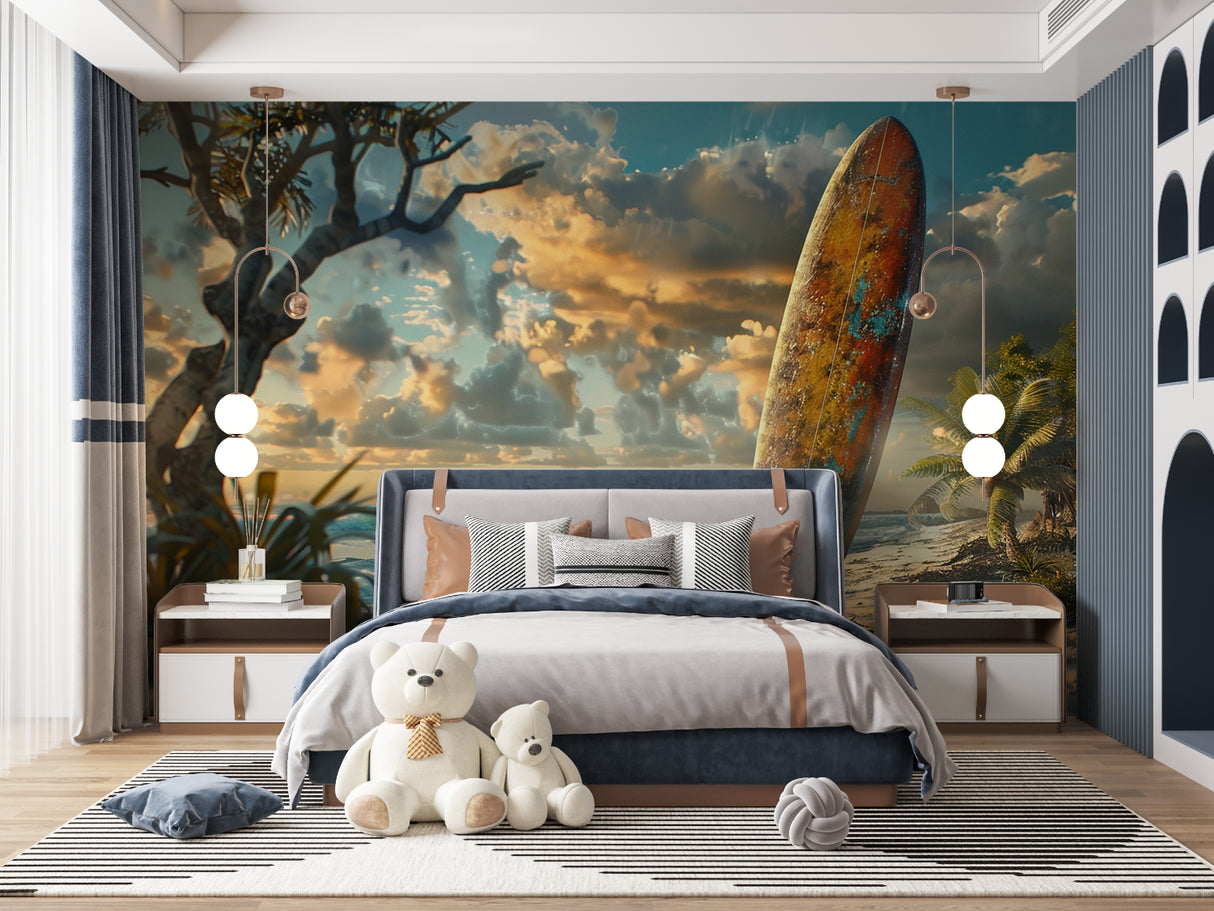 Abstract portrait mural wallpaper making statement in contemporary dining room