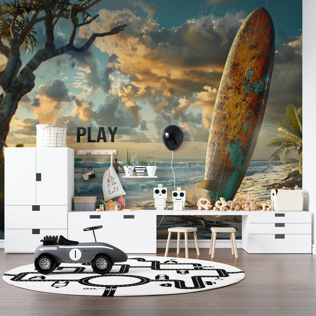 Monochrome watercolor portrait wall mural in sleek office space
