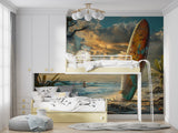 Black and white abstract portrait creating focal point in urban loft bedroom