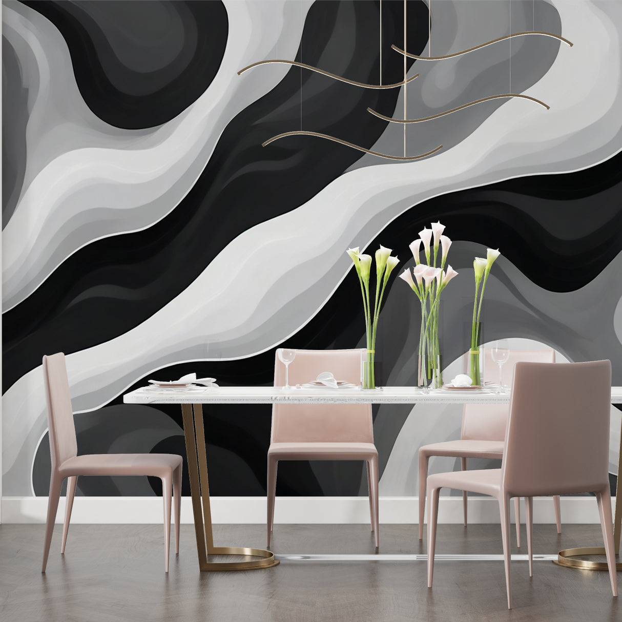 Abstract wave wallpaper creating movement in contemporary office space